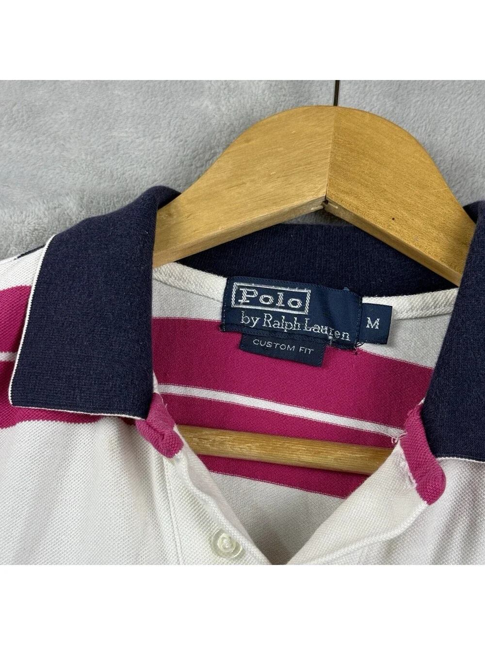 Polo Ralph Lauren Custom Fit Big Pony Polo Shirt White Pink Stripe Men's M Y2K